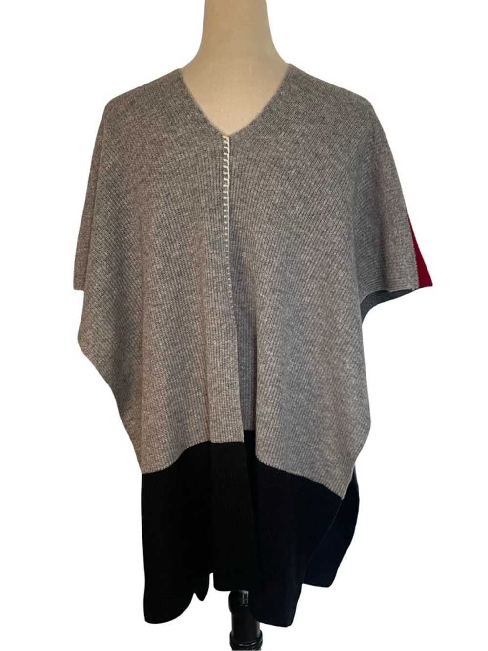 Label + Thread Colorblock V-Neck Knit Poncho Sweater - Gray, Black & Red - Picture 2 of 6